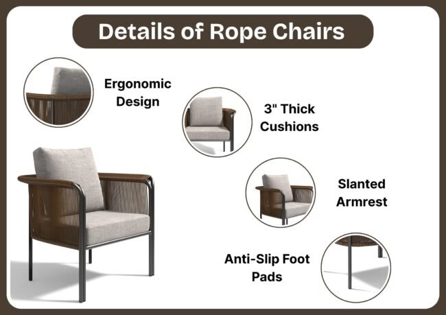 Outdoor Brown Rope 3-Piece Patio Set With Grey Cushions - Image 4