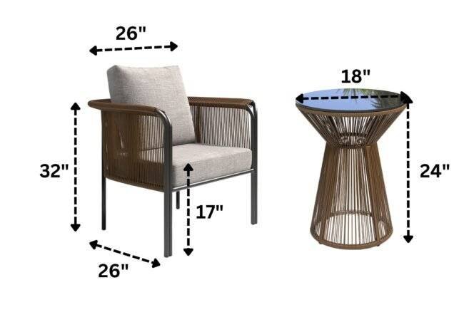 Outdoor Brown Rope 3-Piece Patio Set With Grey Cushions - Image 2