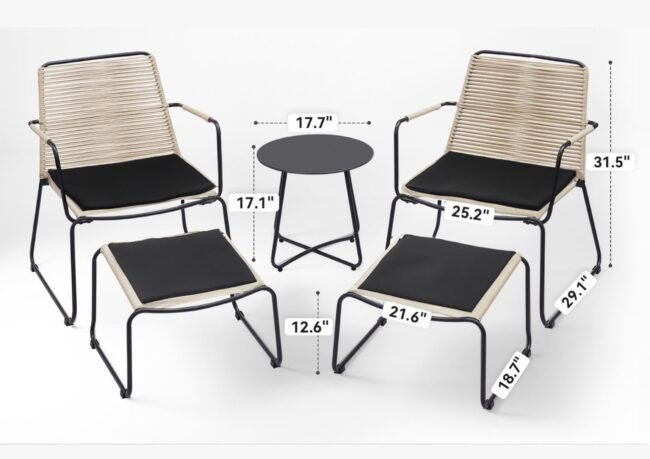 5 Piece Outdoor Patio Set with Ottoman & Side Table (Beige & Black) - Image 2