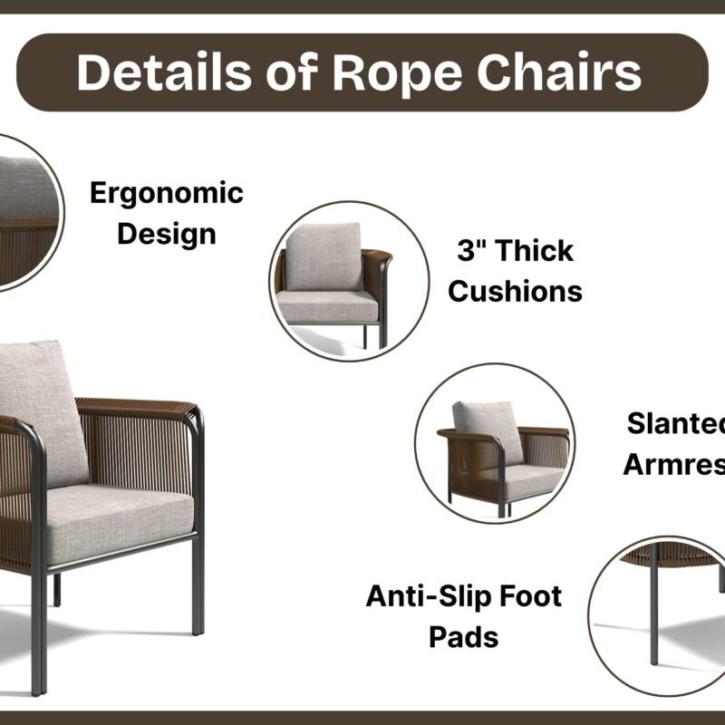 Outdoor Brown Rope 3-Piece Patio Set With Grey Cushions - Image 4