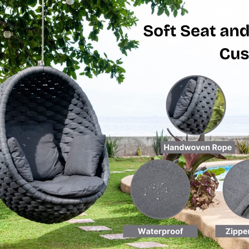 Grey Rope Hanging Egg Swing Chair with Dark Grey Cushions - Image 4