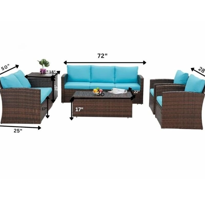 DEVOKO 7-Seater Wicker Sectional Sofa (Dark Brown/Sky Blue) - Image 2
