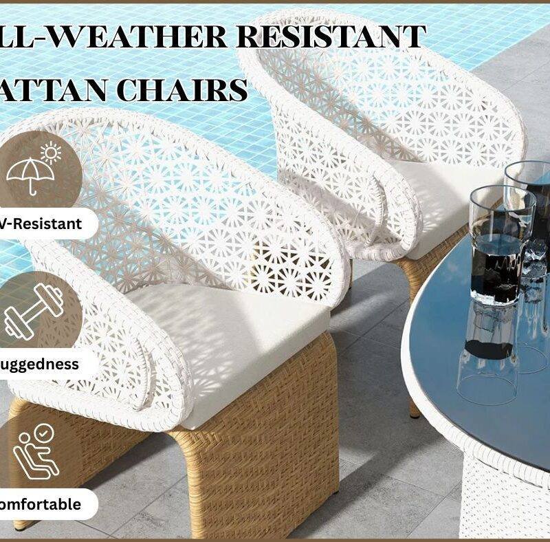 7 Pieces Outdoor Wicker Dining Set with Double Tone Armchairs (White)(Table Without Glass Top) - Image 5