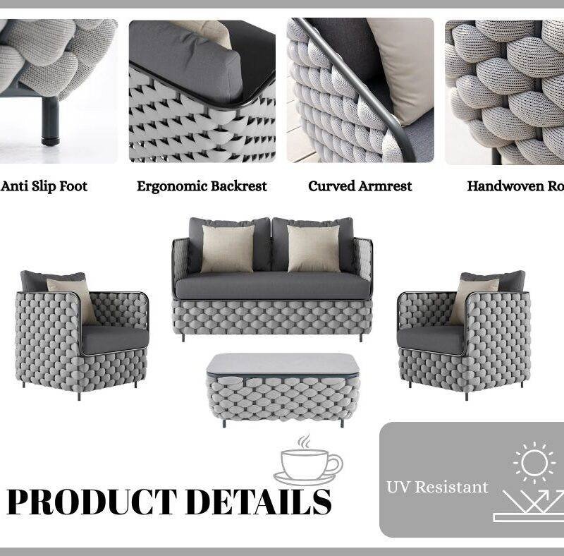 4 Piece Outdoor Rope Sofa Set with HPL Top Coffee Table (Light Grey & Dark Grey) - Image 5