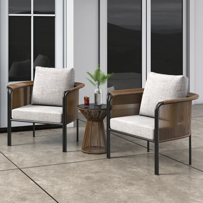 Outdoor Brown Rope 3-Piece Patio Set With Grey Cushions - Image 5