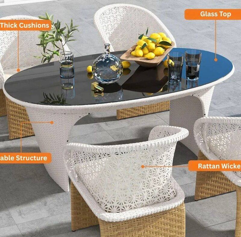 5 Pieces Outdoor Wicker Dining Set with Double Tone Armchairs (White)(Table Without Glass Top) - Image 5