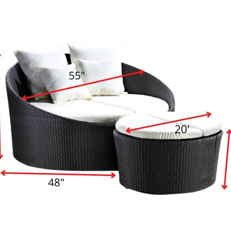 Black Wicker Round Sofa Daybed Set with Offwhite Cushions - Image 2