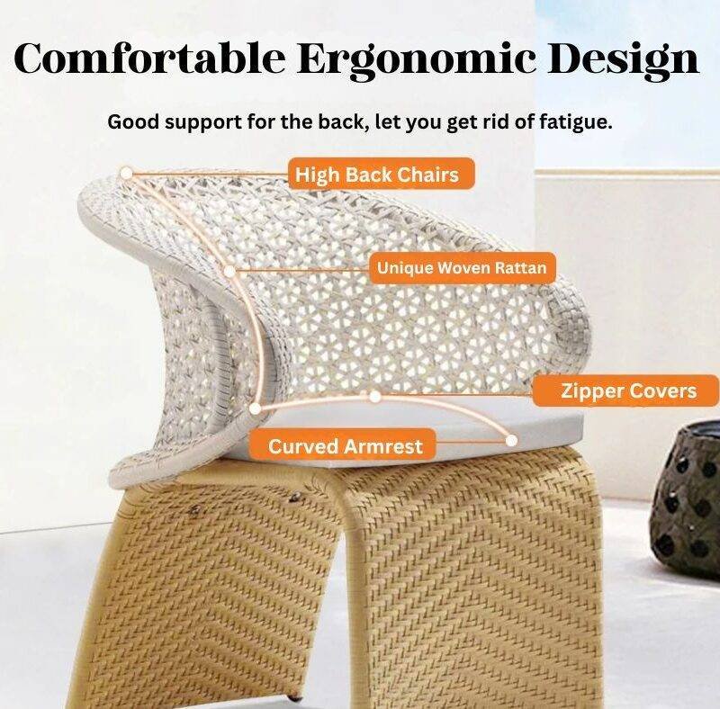 5 Pieces Outdoor Wicker Dining Set with Double Tone Armchairs (White)(Table Without Glass Top) - Image 6