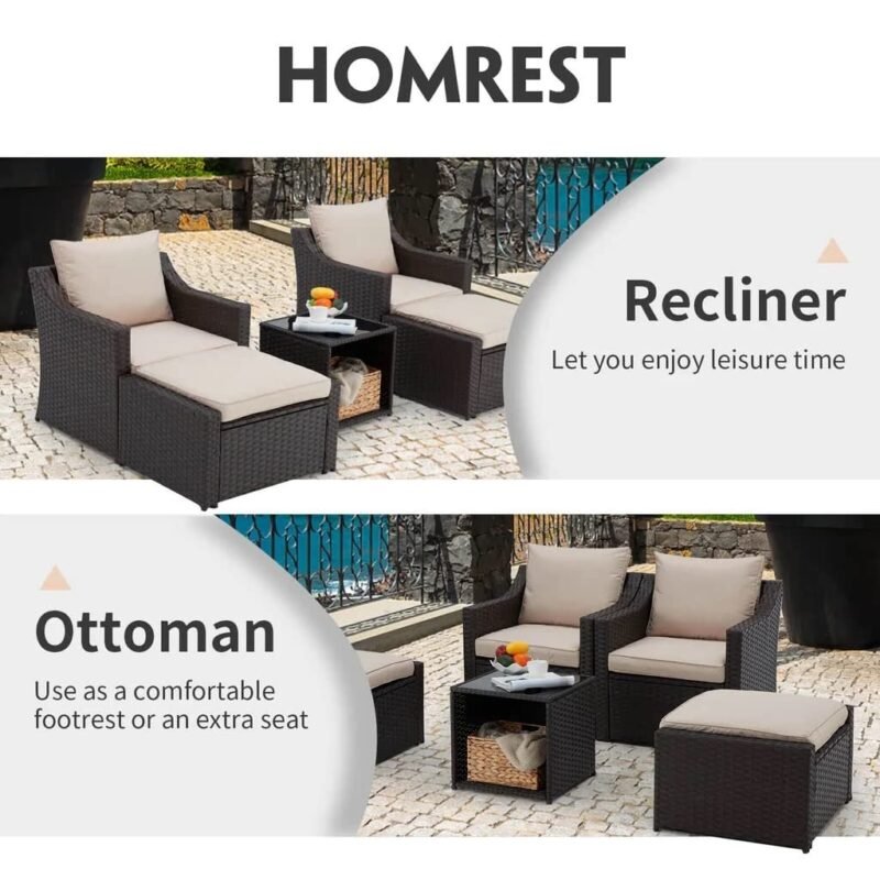 DEVOKO 5-Piece Patio Furniture Set with Cushions & Table (Dark Brown/Cream) - Image 4