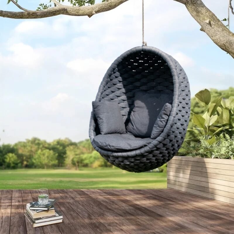 Grey Rope Hanging Egg Swing Chair with Dark Grey Cushions - Image 6