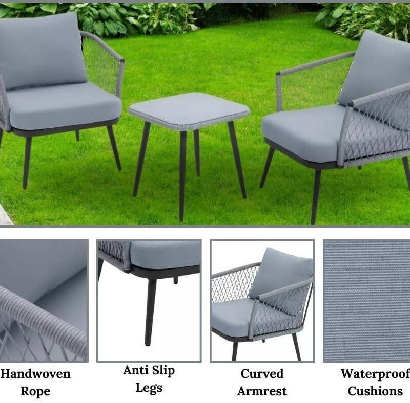 Rope Chairs with Cushions & Center Table (Grey) - Image 5