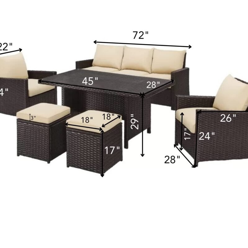 Devoko 6pc Outdoor Wicker Sofa Set - Dark Brown & Cream - Image 4