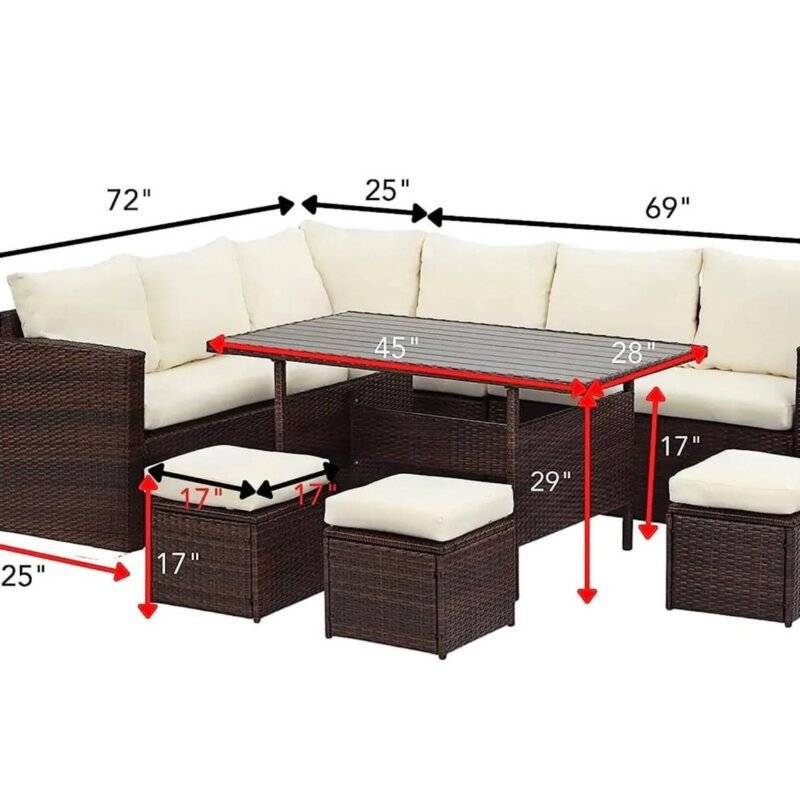 6PCS L Shape Patio Rattan Dining Set with Cushioned Chairs and Ottoman + Wood Table Top - Image 2