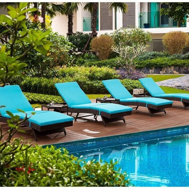 Dark Brown Rattan Reclining Lounger Chair with Sky Blue Cushions - Image 4