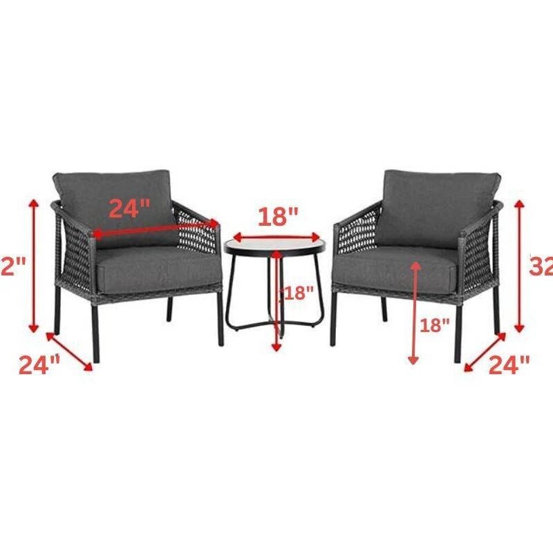 Devoko 3-Piece Patio Set - Black Wicker & Grey Cushion - Image 2