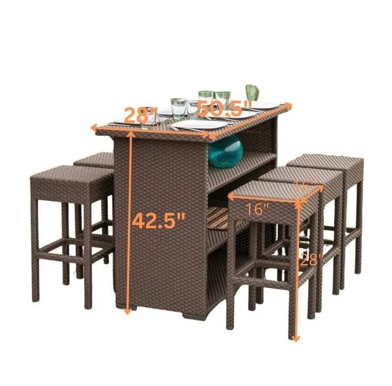 Coffee Brown 7PCS Wicker Bar Table Set - Outdoor Patio Furniture - Image 2