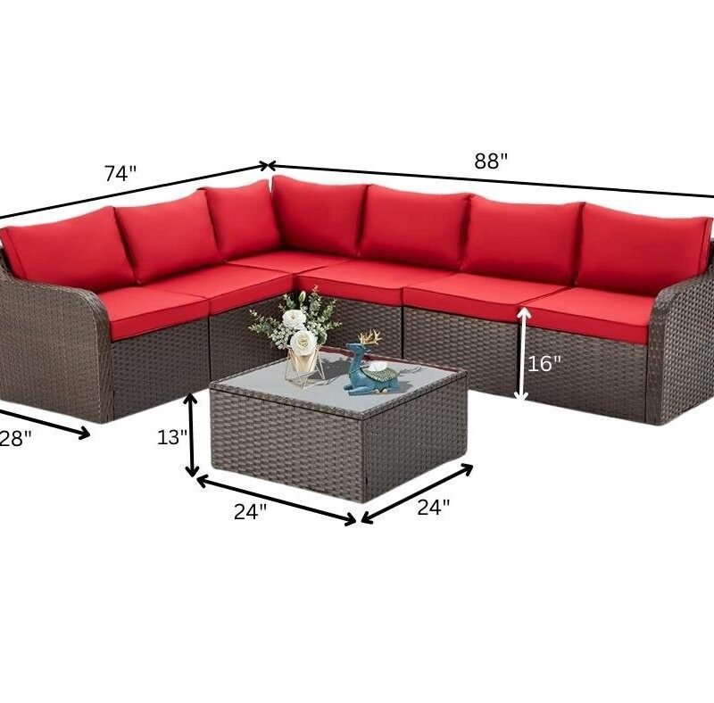 Rattan Wicker Sectional Patio Set with Ergonomic Design and Waterproof Cushions (Dark Brown & Red) - Image 2