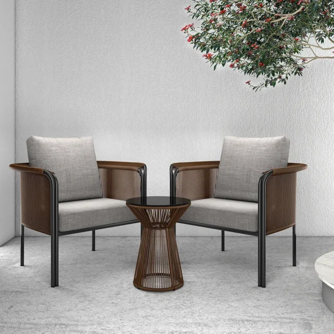 Outdoor Brown Rope 3-Piece Patio Set With Grey Cushions - Image 7