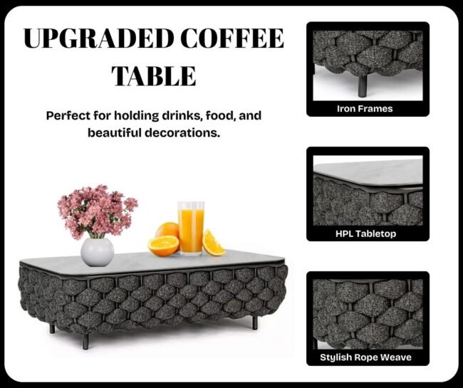 4 Piece Outdoor Rope Sofa Set with HPL Top Coffee Table (Black) - Image 7
