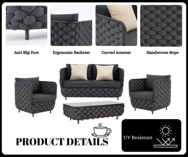 4 Piece Outdoor Rope Sofa Set with HPL Top Coffee Table (Black) - Image 5