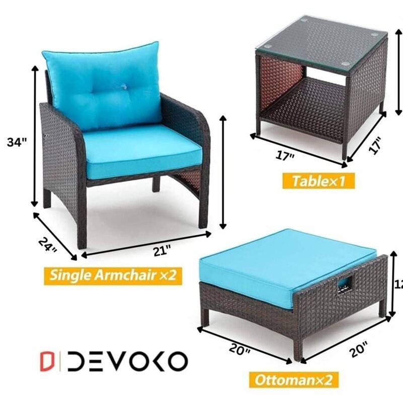 5-Piece Patio Furniture Set with Ottoman & Table in Dark Brown & Sky Blue - Image 2