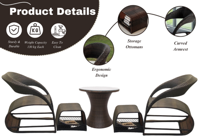 5-Piece Outdoor Wicker Patio Furniture Set with Ottomans & Table (Dark Brown) - Image 4