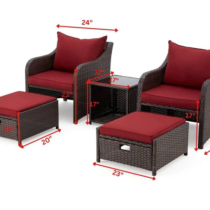 5-Piece Red Cushioned Rattan Patio Set: Dark Brown Elegance - Image 2