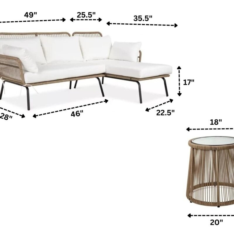 DEVOKO L-Shaped Outdoor Conversation Sofa Set with Cushions & Side Table (Beige/White) - Image 2