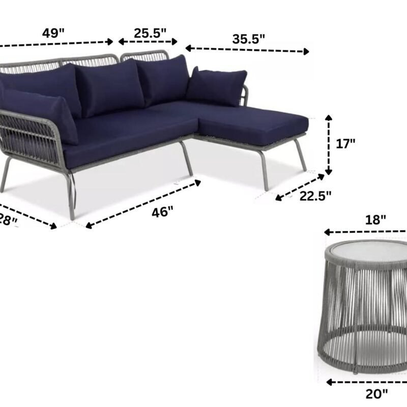 DEVOKO L-Shaped Outdoor Sofa Set with Rope Woven Design - Grey & Navy-blue - Image 2