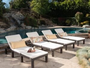 DEVOKO 4-Piece Outdoor Wicker Chaise Lounge Set with Adjustable Reclining Chairs and Removable Cushions (Dark Brown/Off-white)