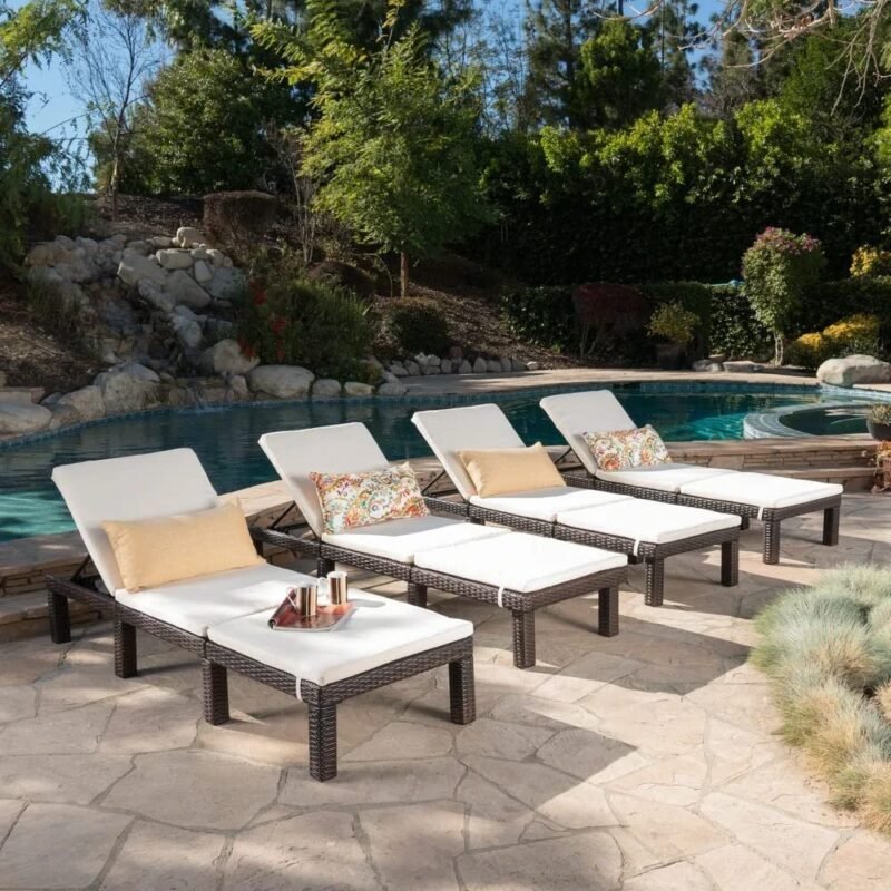 DEVOKO 4-Piece Outdoor Wicker Chaise Lounge Set with Adjustable Reclining Chairs and Removable Cushions (Dark Brown/Off-white)