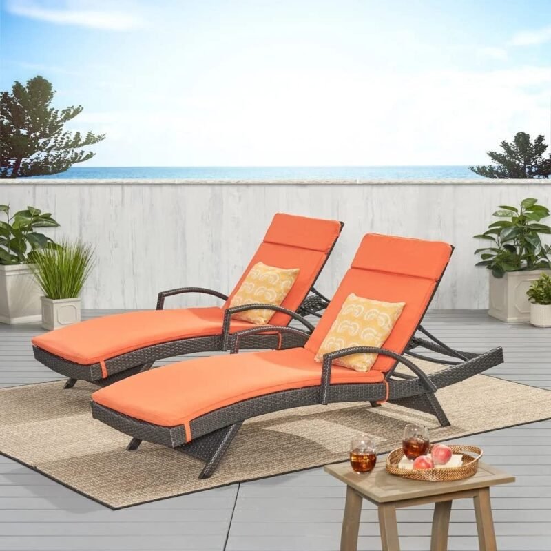 Devoko Rattan Sun Lounger Chair Set - Dark Brown/Orange, Adjustable, 2-Pack - Image 4