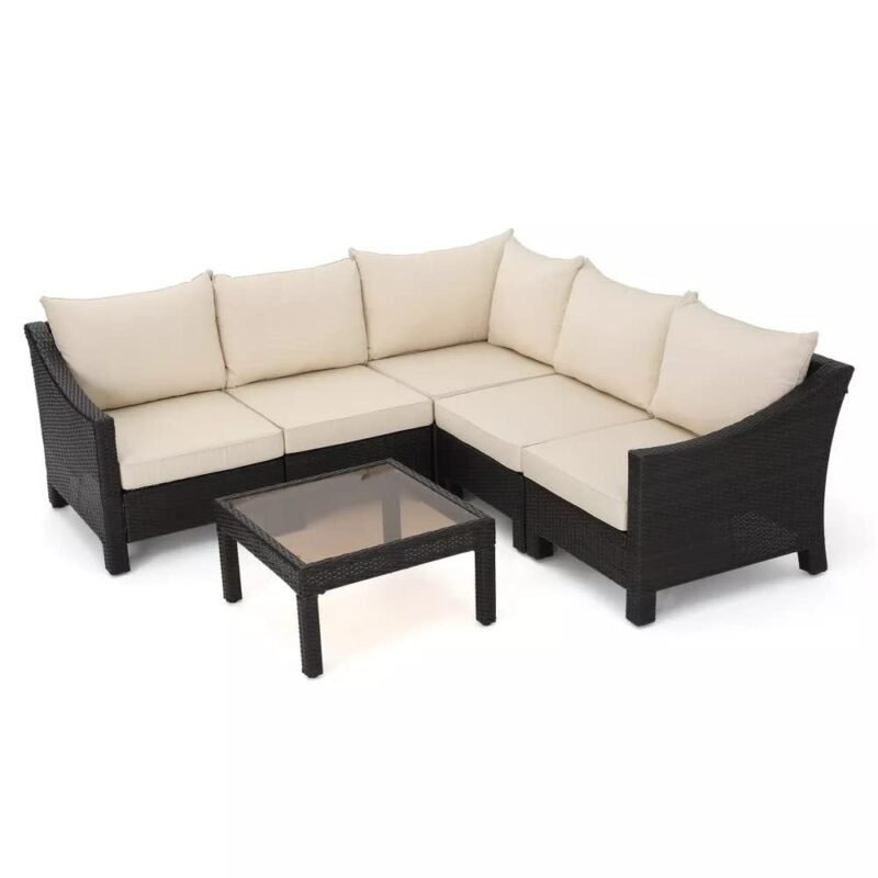 DEVOKO 3PCS L-Shape Rattan Sofa Set with Cushions and Table (Dark Brown & Cream) - Image 4