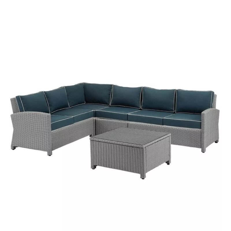 DEVOKO 3PCS Outdoor L-Shaped Rattan Sofa Set with Cushions and Table (Silver & Navy Blue) - Image 3