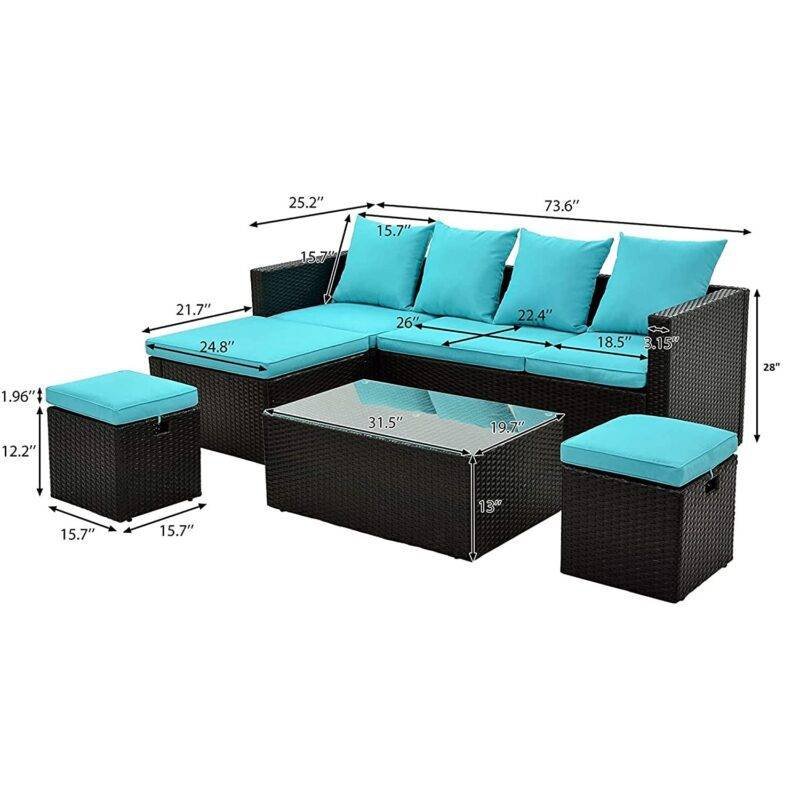DEVOKO Rattan Sectional Sofa Set (Black/Sky-Blue) - Image 2