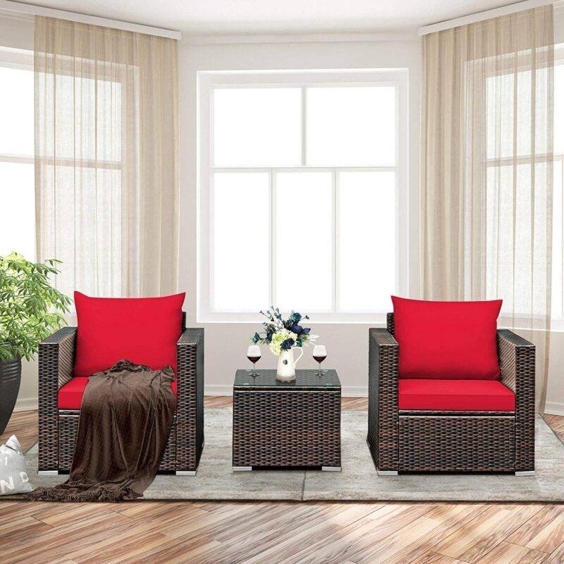 Devoko 3-Piece Rattan Bistro Set: Dark Brown/Red Outdoor Patio Furniture - Image 3