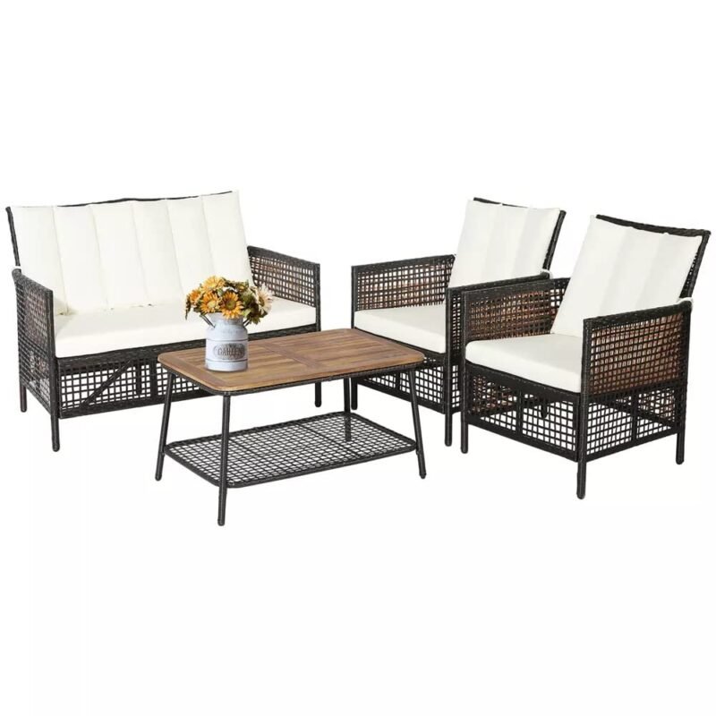 DEVOKO 4PCS Wicker Patio Furniture Set (Dark Brown & Off-white) - Image 3