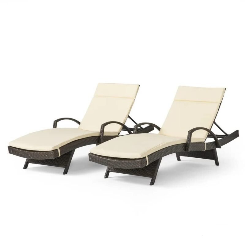 DEVOKO Rattan Sun Lounger Set - Dark Brown/Cream, Adjustable Backrest, Cushion - Beach, Lawn, Patio Relaxation - Image 4