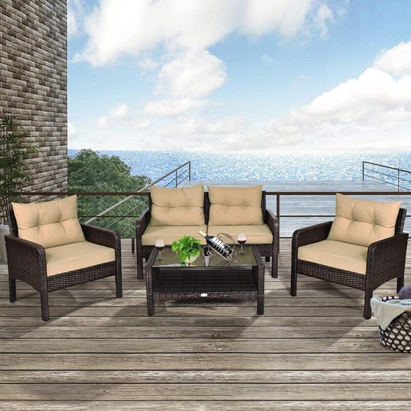 DEVOKO 4pc Outdoor Rattan Wicker Patio Set (Dark Brown & Cream) - Image 3