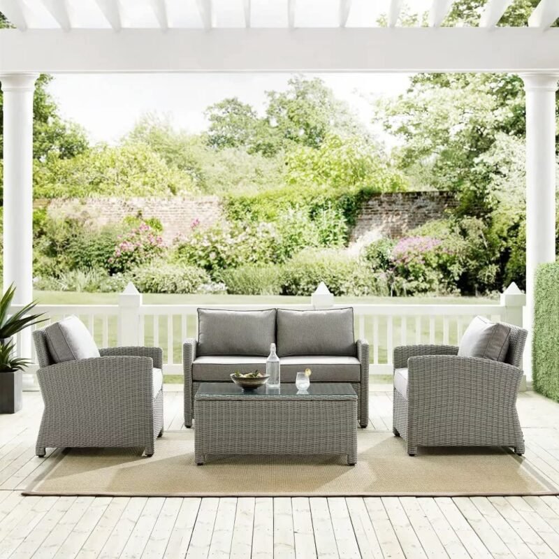Devoko 4PCS Patio Wicker Furniture Set with Center Table, Silver Grey Rattan Chairs, and Grey Cushions for Outdoor Living - Image 5