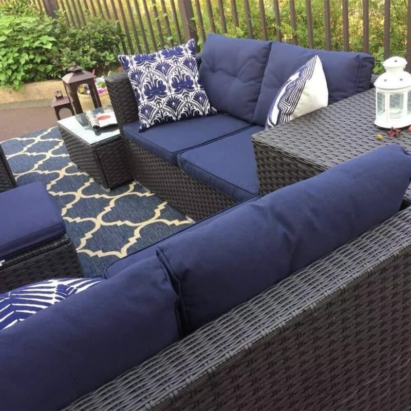 DEVOKO 9-Pcs Waterproof Wicker Sectional Sofa Set (Black & Navy Blue) - Image 4