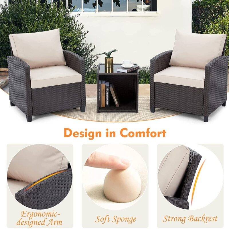DEVOKO 3PCS Rattan Conversation Set (Dark Brown & Cream) - Image 3