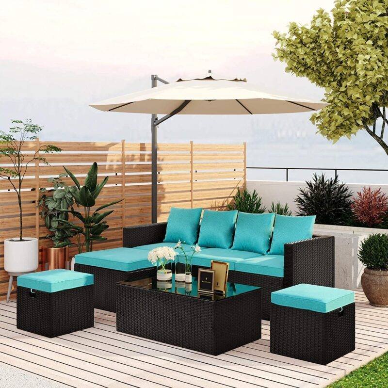DEVOKO Rattan Sectional Sofa Set (Black/Sky-Blue) - Image 3