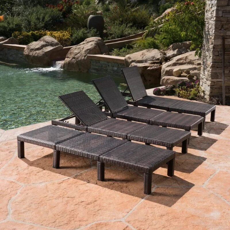 DEVOKO 4-Piece Outdoor Wicker Chaise Lounge Set with Adjustable Reclining Chairs and Removable Cushions (Dark Brown/Off-white) - Image 3