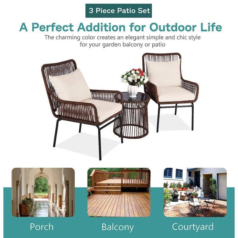 3 Piece Patio Set (Dark Brown Rope & Cream Cushions) - Image 3