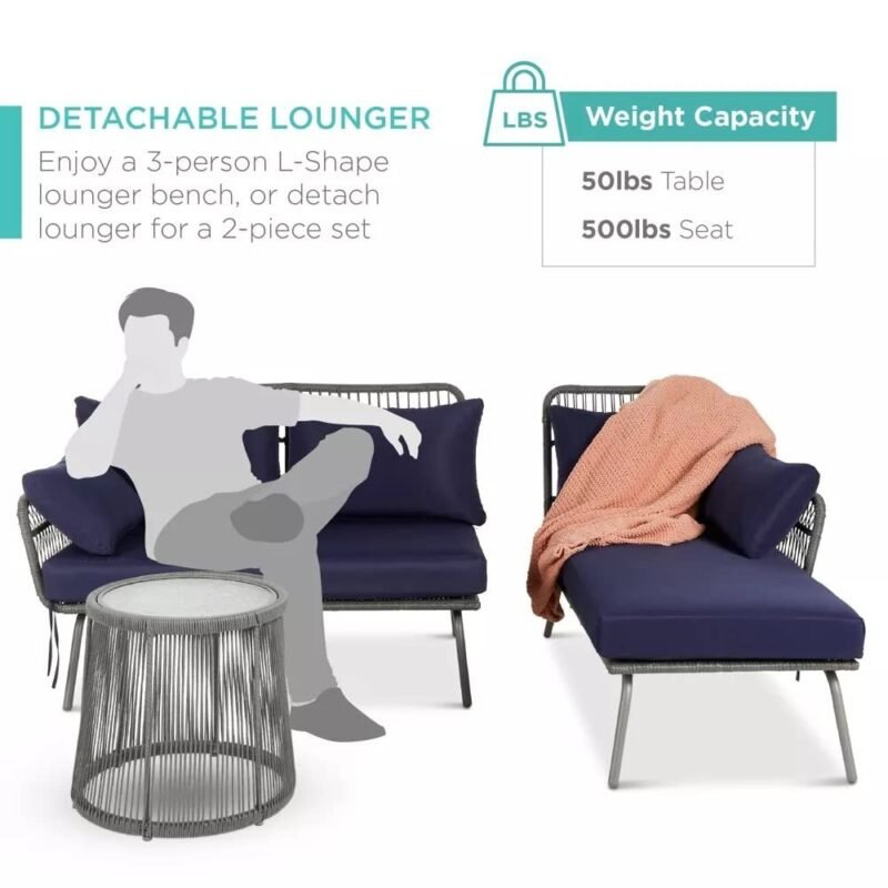 DEVOKO L-Shaped Outdoor Sofa Set with Rope Woven Design - Grey & Navy-blue - Image 4