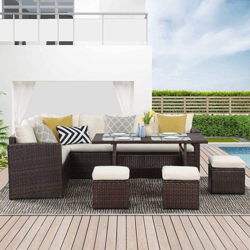 6PCS L Shape Patio Rattan Dining Set with Cushioned Chairs and Ottoman + Wood Table Top - Image 4