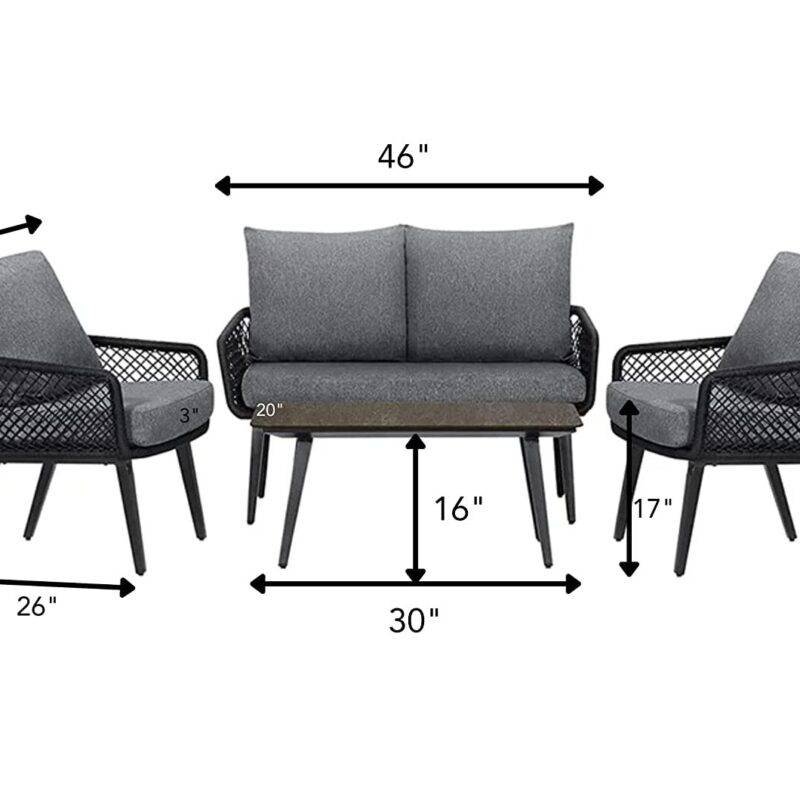 DEVOKO 4-Seater Outdoor/Indoor Sofa Set with Center Table & Cushion Chairs (Black/Grey) - Image 5