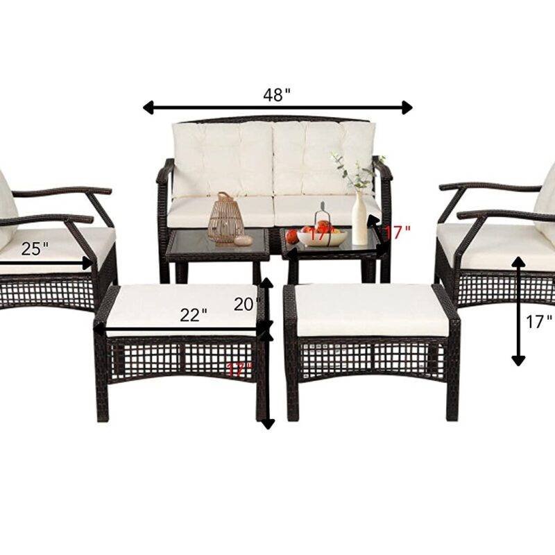 Devoko 7-Piece Rattan Wicker Outdoor Sofa Set with Coffee Tables and Ottoman Stool (Dark Brown/Cream) - Image 2