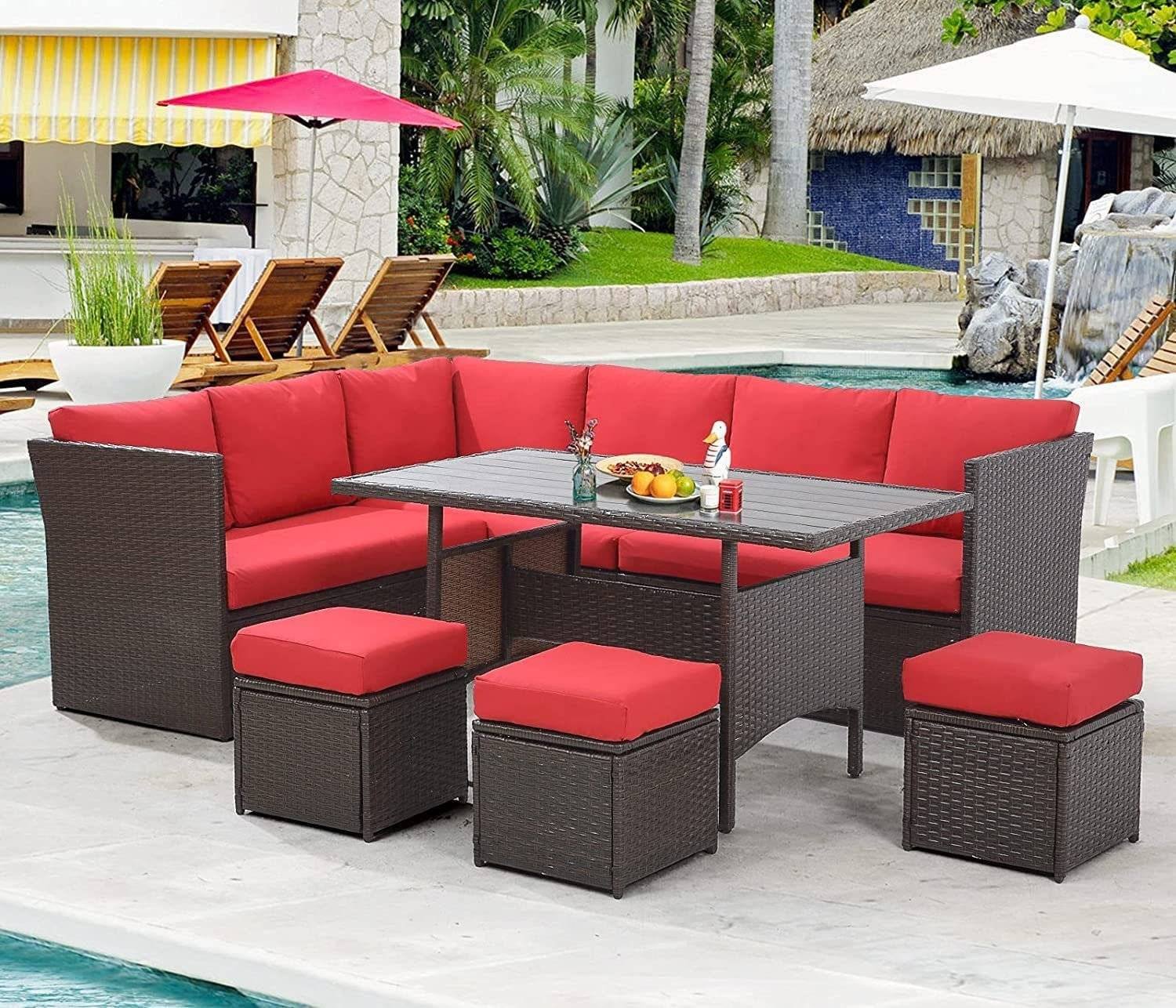 DEVOKO 6-Piece Wicker Patio Furniture Set (Dark Brown & Red) - Image 4